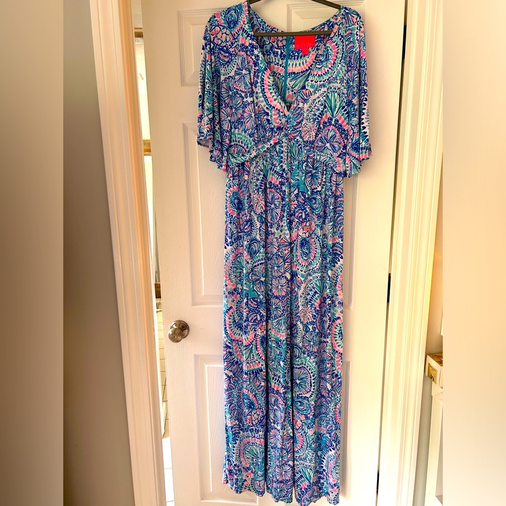 Lilly Pulitzer women’s sleeved maxi dress blue grotto color size 14.
